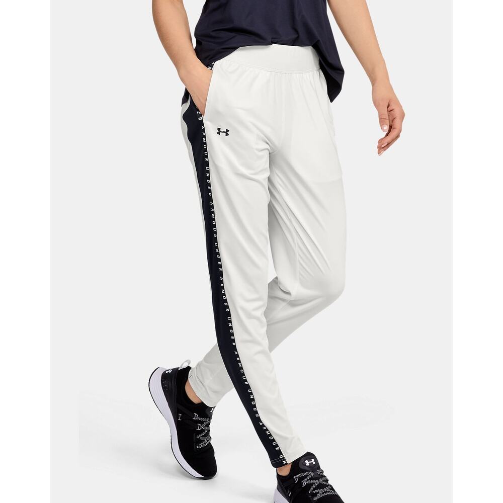 Under Armour Sport Pants Small Womens White Tapered Leg Tape Logo Pull On Loose